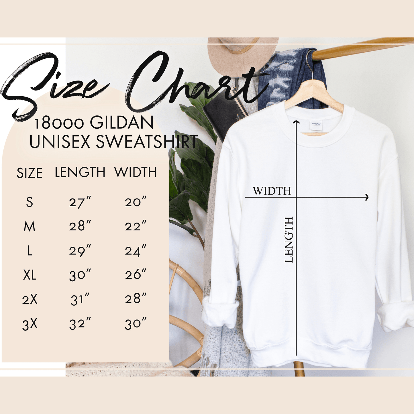 Sweatshirt size chart showing width, length, and sleeve measurements in inches.