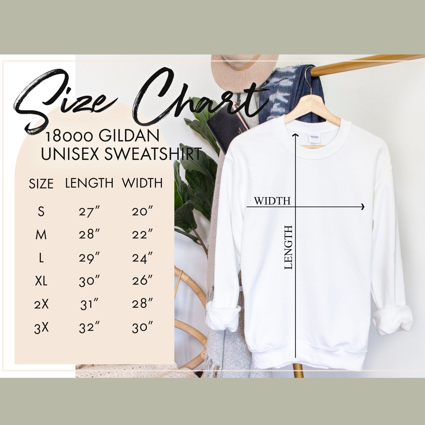 Size chart for a gildan 18000 Unisex sweatshirt.