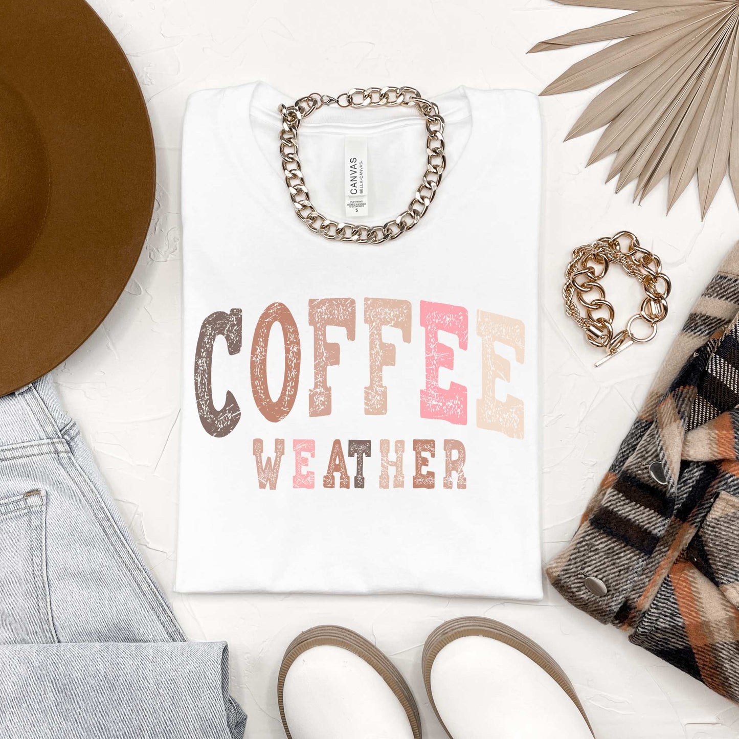 Casual wear for coffee weather featuring a lightweight t-shirt