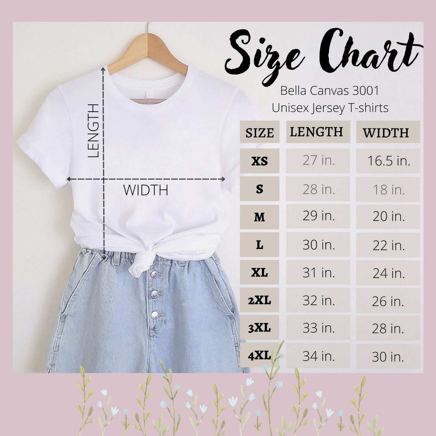 size chart for bella and canvas 3001 t-shirt