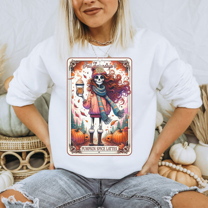 Front view of Skeleton PUMPKIN SPICE Latte graphic tee