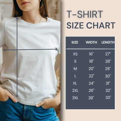 T-shirt size chart showing measurements for chest width and length from XS to 3XL.