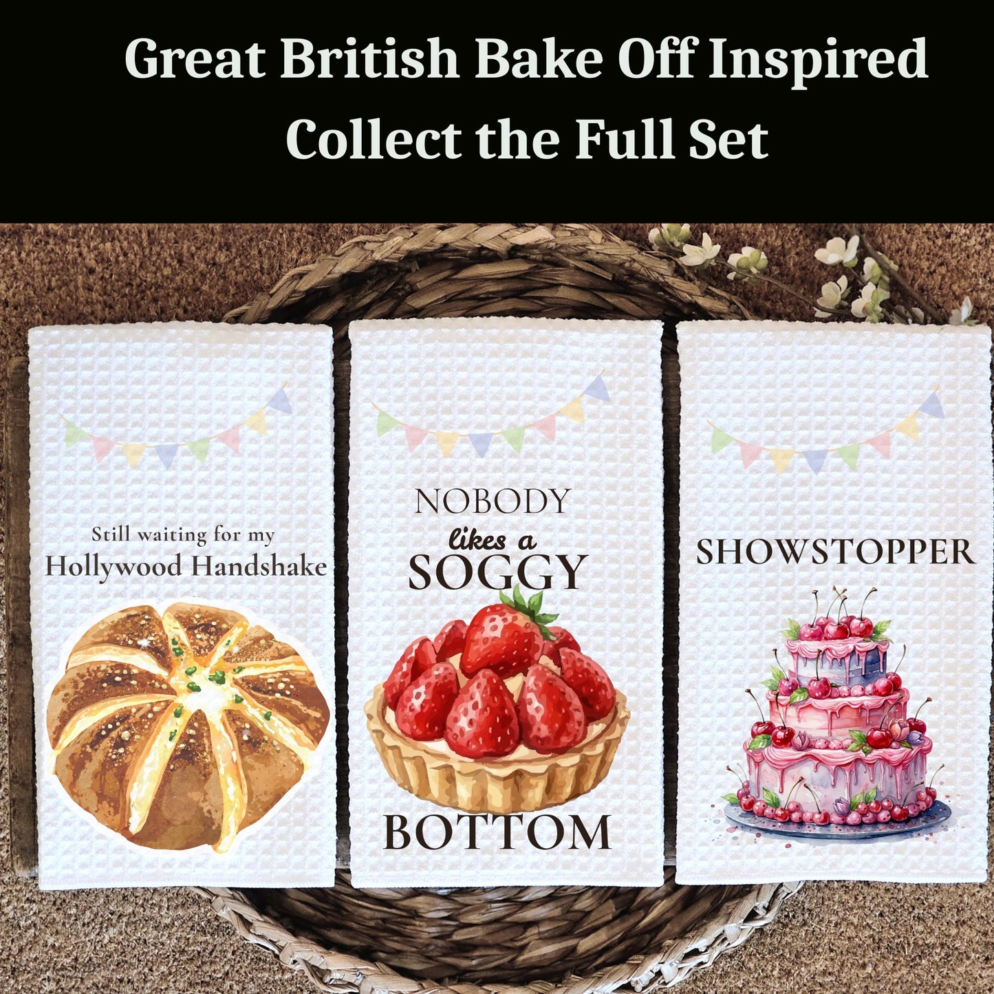 Three kitchen towels with humorous sayings and food illustrations on a woven basket background.