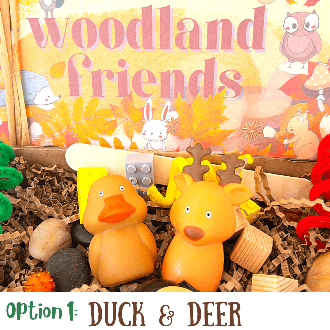 Duck and Deer vinyl finger puppets inside sensory box 